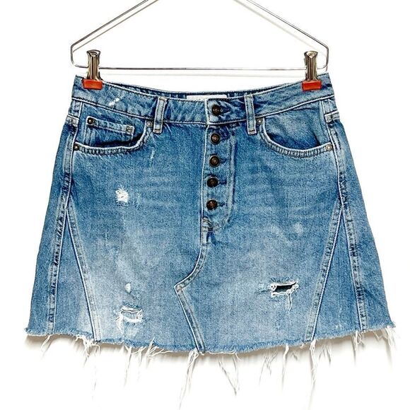 FREE PEOPLE | We The Free Harvey Denim A-Line Mini Skirt Distressed Size 28 - Picture 4 of 10